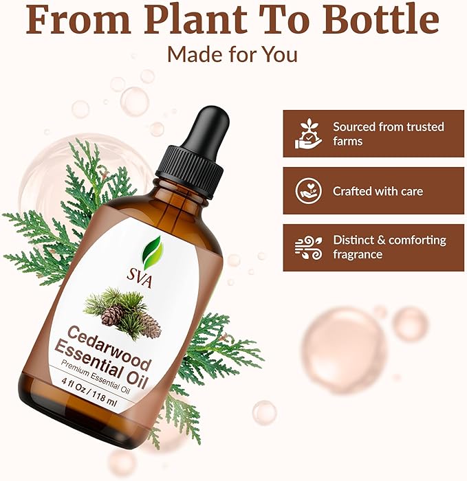 SVA Cedarwood Essential Oil – 4 Fl Oz – 100% Natural Cedar Cupressus Funebris Oil - for Diffuser, Hair Care, Face, Skin Care, Aromatherapy, Scalp and Body Massage, Soap and Candles - with Dropper-VivaGrace Women