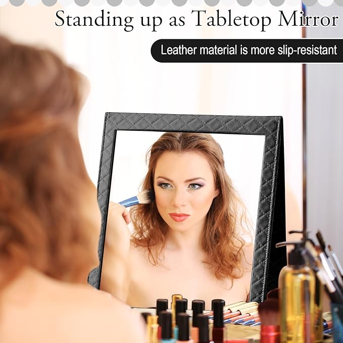 Foldable Backstage Mirror with Handle 33.5X 13.4 Inch Leather Folding Hanging Mirror Rectangular for Travel Dance Bag Home Fitness Spa Gift for Dancers（Black）