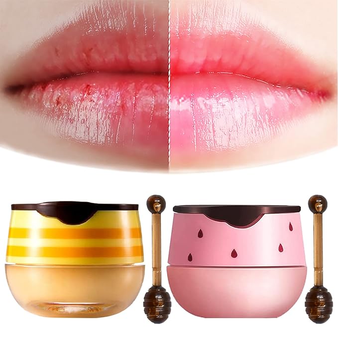 2PCS Lip Balm Honey Pot, Honey Pot Lip Balm for Dry Cracked Lips, Strawberry Lip Balm Scrubs Exfoliator & Moisturizer, Hydrating Lip Balm Honey Pot with Wand, Lip Sleeping Mask (C)-VivaGrace Women