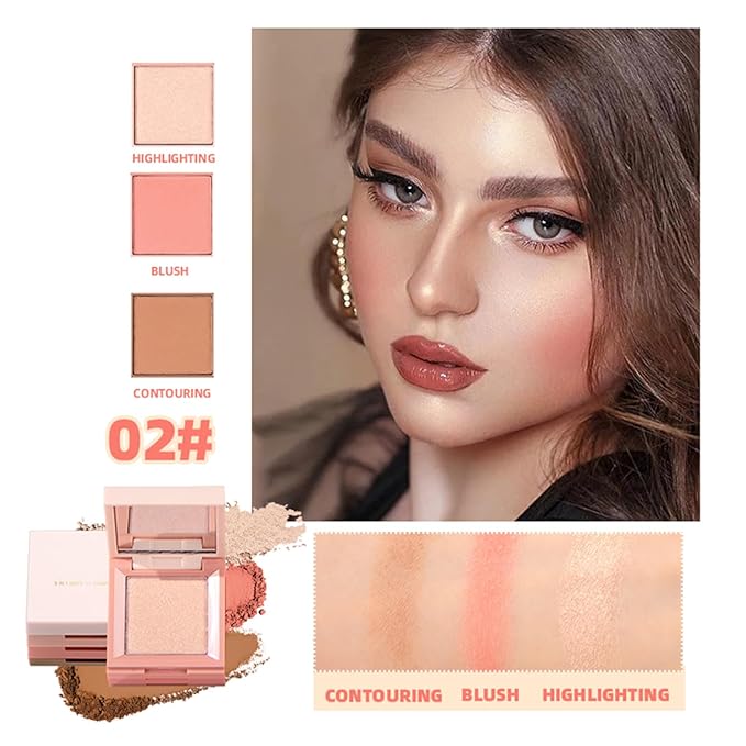 3 in 1 Highlighter Contour Blush Makeup Palette, 3 Colors Matte Shimmer Brighten Highlighting Bronzing Blusher Eyeshadow Pallet, Long Lasting Full Face Eyes Contouring Shaping Makeup kit with Mirror-VivaGrace Women