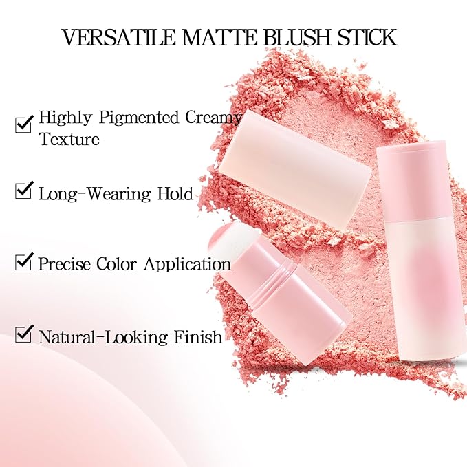 Boobeen Blush Stick, Lightweight Blendable Blush Tint Cheek Blusher, Blush Makeup Stick with Cushion Applicator, Smooth Creamy Blush Beauty Wand for Cheek Lip Eye, Creates Natural Matte Finish-VivaGrace Women