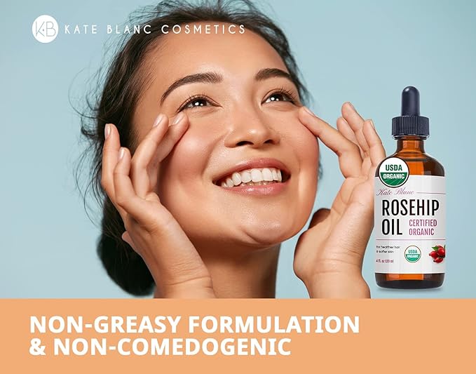 Kate Blanc Cosmetics Rosehip Oil for Face & Skin (4oz, Organic, Pure, Cold Pressed) Rosehip Seed Face Oil for Facial & Gua Sha Massage-VivaGrace Women