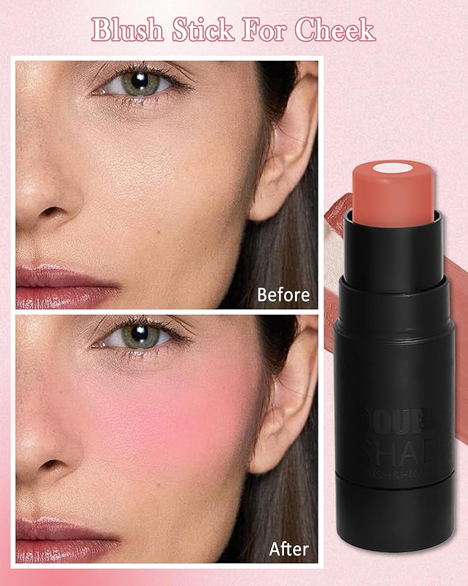 Cream Blush Stick Makeup for Cheeks, Multi Blush & Highlighter Contour Stick, Long Lasting Waterproof Pink Creme Blush Bronzer Stick, Lightweight Matte and Dewy Finish,Face Shaping Makeup for Women-06-VivaGrace Women