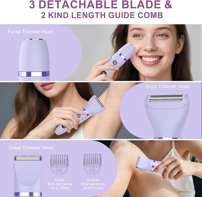 3-in-1 Electric Razor IPX7 Waterproof Bikini Trimmer Wet & Dry Use Painless Personal Trimmer Groomer for Ladies Face Body Legs Bikini Public Hairs Electric Lady Shaver with Replaceable Heads-VivaGrace Women