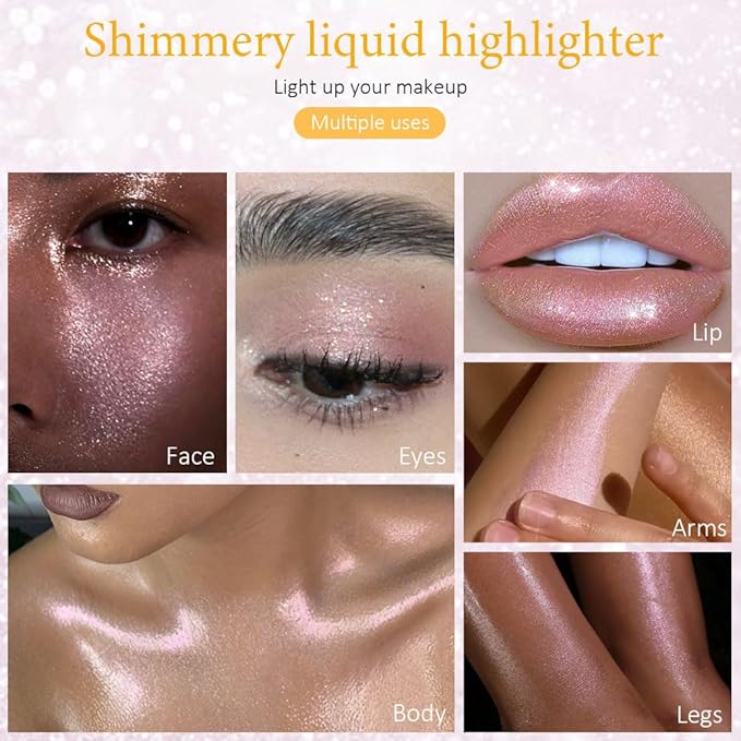 evpct Rose Gold Stardust Liquid Face Highlighter Makeup Waterproof Long Lasting Halographic Pink Glitter Shimmer Body Iridescent Highlighter Makeup Palette Stick-VivaGrace Women