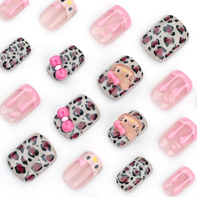 Cute Press on Nails Short Square Fake Nails with 3D French Cute Kawaii Design Leopard Pink Press ons Cartoon Nail Tip Artificial Acrylic Nail Cute False Nails for Women Girls Manicure 24Pcs