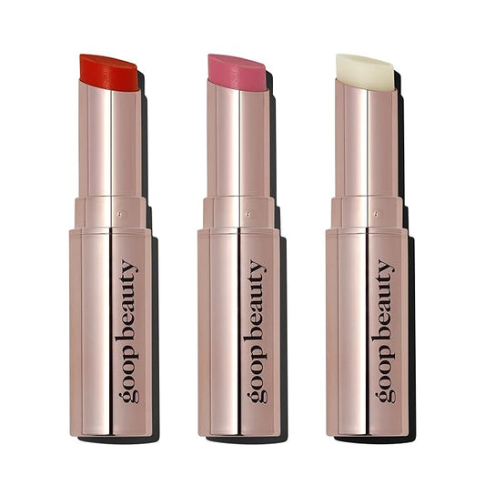 goop Beauty Lip Balm Trio | Clean Moisturizer for Chapped, Cracked & Dry Lips | Clear, Peony, & Tomato | Tinted for Sheer Color | Petroleum Free | 0.16 fl oz Each-VivaGrace Women