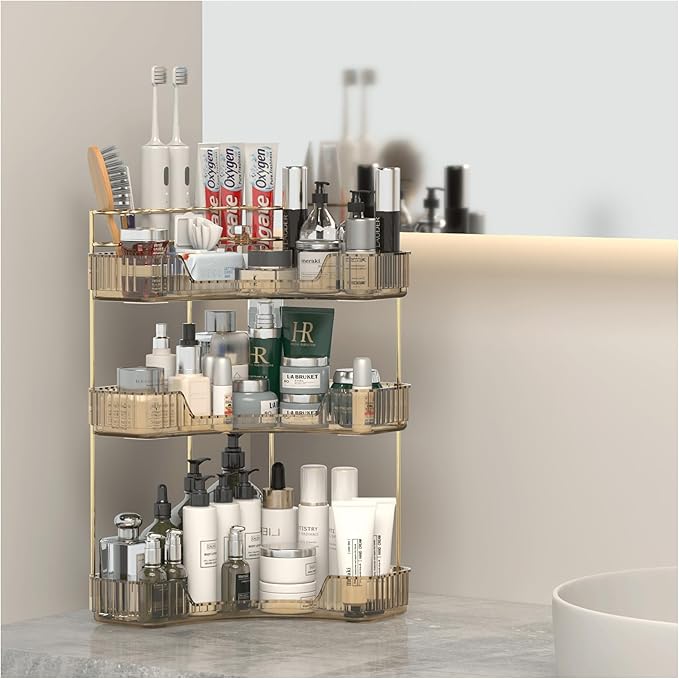 Corner Bathroom Counter Organizer with Top Toothbrush Holders, 3-Tier Make Up Organizers for Vanity with Brush Holder, Corner Storage for Bathroom, Kitchen, Dresser-VivaGrace Women