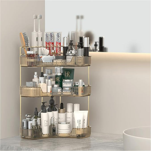 Corner Bathroom Counter Organizer with Top Toothbrush Holders, 3-Tier Make Up Organizers for Vanity with Brush Holder, Corner Storage for Bathroom, Kitchen, Dresser-VivaGrace Women