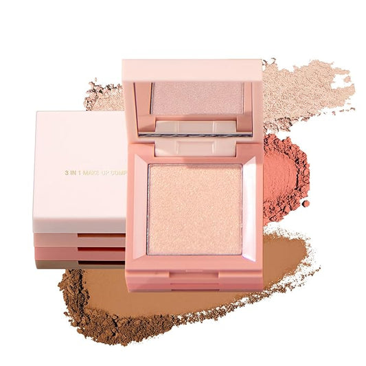 3 in 1 Highlighter Contour Blush Makeup Palette, 3 Colors Matte Shimmer Brighten Highlighting Bronzing Blusher Eyeshadow Pallet, Long Lasting Full Face Eyes Contouring Shaping Makeup kit with Mirror-VivaGrace Women