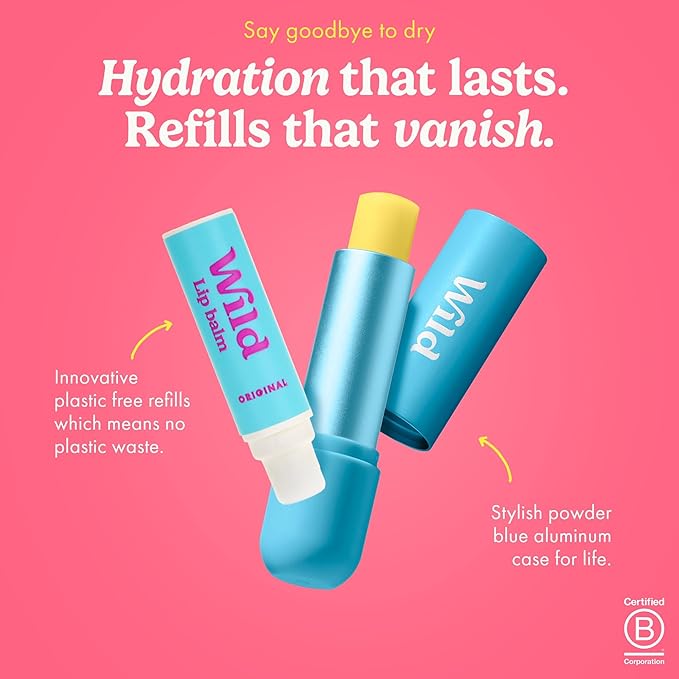 Wild Refillable Lip Balm Starter Kit - Includes Blue Aluminum Case & 3 Pack Lip Balm Refills in a Variety of Scents - Includes Coconut & Vanilla, Passionfruit Swirl & Watermelon Flavors-VivaGrace Women