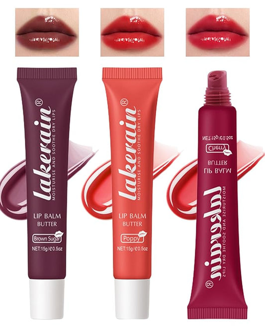 Tinted Lip Butter Balm-3 Colors Vanilla Beige Brown Poppy Pink Sugar Glossier Lip Gloss, Jelly Yummy Lip Stain Balm,Long Lasting Hydrating Non-Sticky Glow Reviver Fat Lip Care Oil for Women-Set B-VivaGrace Women