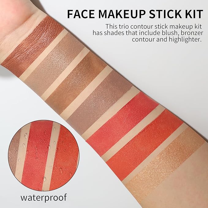 3Pcs Cream Contour Sticks Kit, Face Contouring Pen with Highlighter Stick, Blush Stick and Bronzer Contour Stick for Sculpt the Face, Create a Long Lasting, Matte or Dewy Finish (06)-VivaGrace Women