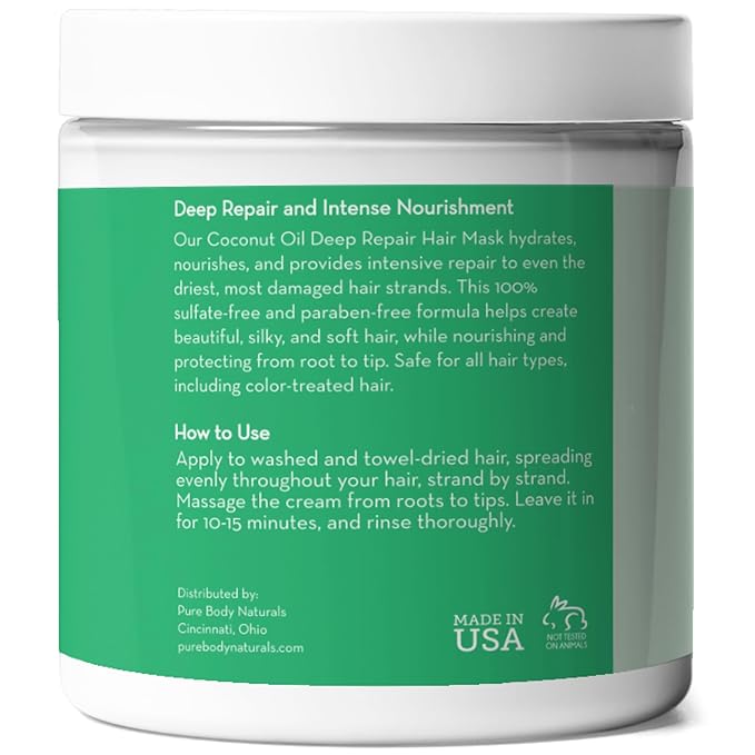 Pure Body Naturals Coconut Oil Hair Mask, Deep Conditioning Hair Treatment for Dry Damaged and Color Treated Hair, Sulfate Free Hair Conditioner, Moisturizes, Repairs, 8.8 Fl Oz-VivaGrace Women