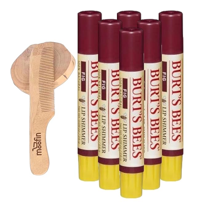 Burt's Bees Lip Shimmer Fig Shade,- Nourishing Natural Shimmer Lip With Moofin Wooden Comb, Make Up Lip Shimmer With Shea Butter Fruit Oils, Moisturizing Refreshing Pack Of 6-VivaGrace Women