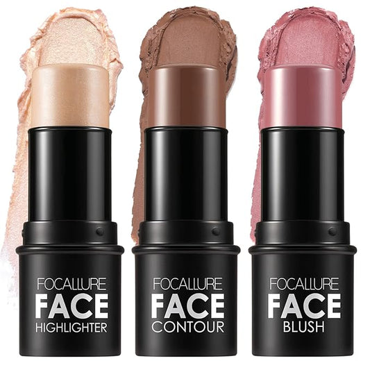 FOCALLURE 3 Pcs Cream Contour Sticks,Shades with Highlighter & Bronzer & Blush,Non-greasy Long-wear Face Contouring Pen,Easy to Sculpt the Face and Create a Lightweight Finishing Makeup,TAN-VivaGrace Women