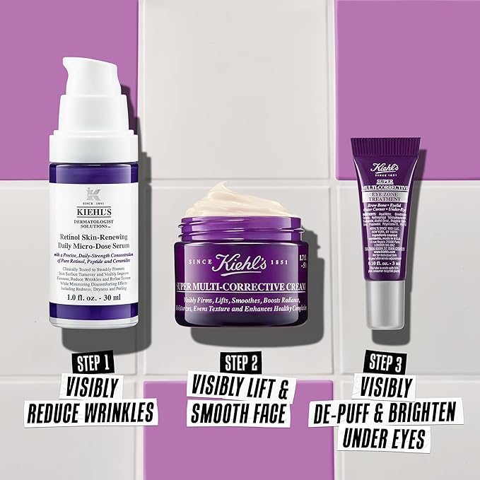 Kiehl's Seriously Correcting Skin Smoothers Skincare Gift Set – 3 Piece Skincare Routine Set with Wrinkle Reducing Face Moisturizer, Retinol Facial Serum & Anti-Aging Eye Cream-VivaGrace Women