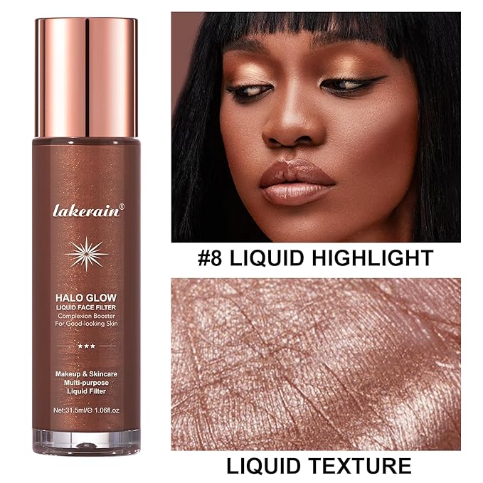 Natural Glow Liquid Filter Makeup, Longwear Face Luminizer, Complexion Booster For Any Part of the Body, Liquid Highlighter with Brush Kit, Infused Hyaluronic Acid, 1.06 fl oz (#08 RICH)-VivaGrace Women