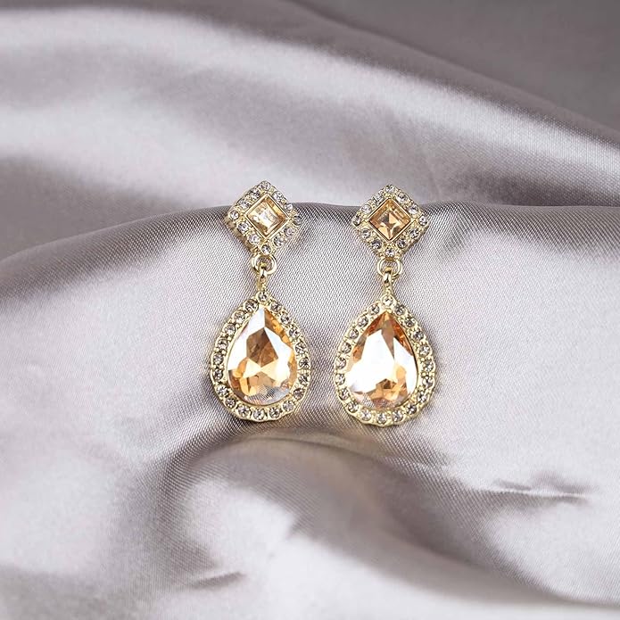 Vintage Crystal Teardrop Earrings Rhinestone Drop Earrings Sparkly Cz Teardrop Dangle Earrings Gold Square Gem Stud Earrings Jewelry for Women-VivaGrace Women