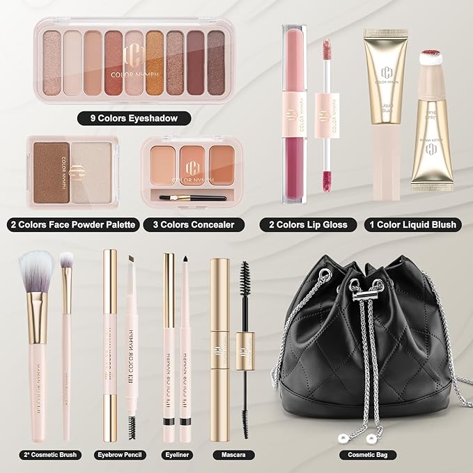 Color Nymph Beginners Makeup Kit for Teens Girls with Cosmetic Bag, Girls Makeup Kit For Women included 9 Color Eyeshadow Palette Concealer Liquid Blush Eyeliner Lipgloss-VivaGrace Women