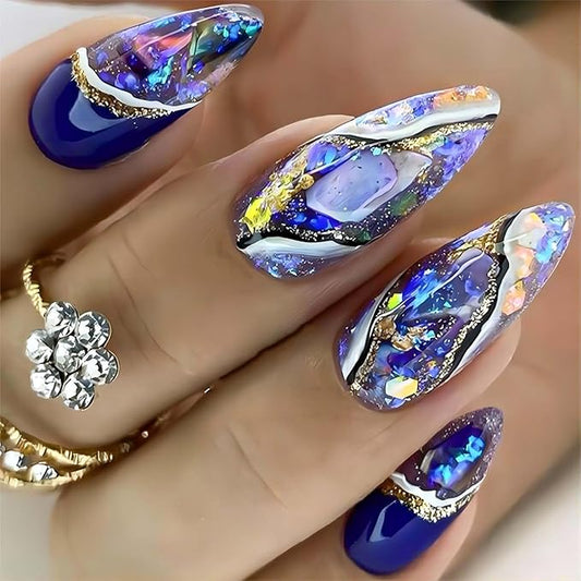 Blue Almond Press On Nails Medium Gold Glitter Acrylic Fake Nails With Designs Glossy Glazed Amber Pattern Artificial 24Pcs