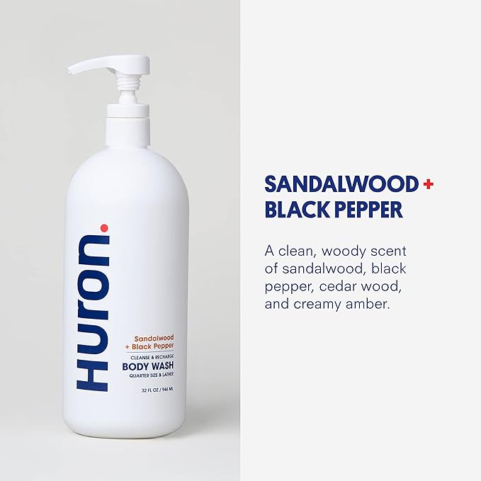 Huron Men’s Moisturizing Body Wash - Clean & Woody Scent of Sandalwood, Black Pepper, Cedarwood, & Amber - Made With Coconut Oil, Vitamin E & Witch Hazel - Vegan, Cruelty-Free - 32 fl oz-VivaGrace Women