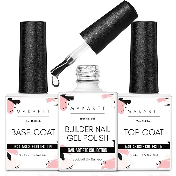 Makartt 3Pcs Builder Nail Gel with Top and Base Coat, Clear Gel Builder Kit for Nails Apex Building Thickening Strengthener Extension Rhinestone in a Bottle, UV Light Lamp Required-VivaGrace Women