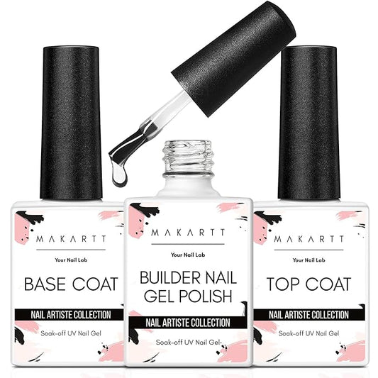 Makartt 3Pcs Builder Nail Gel with Top and Base Coat, Clear Gel Builder Kit for Nails Apex Building Thickening Strengthener Extension Rhinestone in a Bottle, UV Light Lamp Required-VivaGrace Women