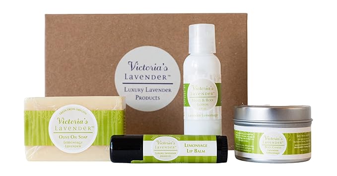 Victoria's Lavender Natural Body Products Gift Set - Handmade Soap, Hand & Body Lotion, Lip Balm, Body Candle Skin Care Sets & Kits, Lavender Bath and Body Products for Women, Lavender Lemongrass-VivaGrace Women