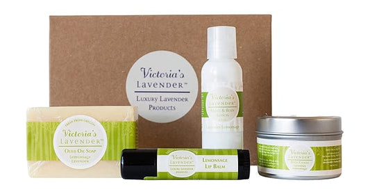 Victoria's Lavender Natural Body Products Gift Set - Handmade Soap, Hand & Body Lotion, Lip Balm, Body Candle Skin Care Sets & Kits, Lavender Bath and Body Products for Women, Lavender Lemongrass-VivaGrace Women