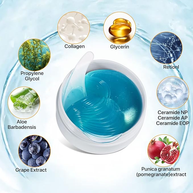 60 Pcs Under Collagen Eye Masks, Under Eye Patches for Dark Circles and Puffiness, Hydrating Eye Mask Skincare, Eye Gel Pads for Eye Bags and Wrinkles Under Eye Treatment (60 Pcs Blue)-VivaGrace Women