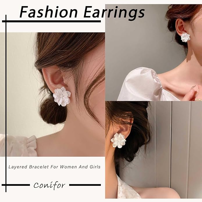Unique Large White Flower Earrings Studs Vintage Acrylic Floral Petal Earrings Statement French Camellia Flower Earrings Studs Bridal Wedding Prom Earrings Jewelry for Women-VivaGrace Women