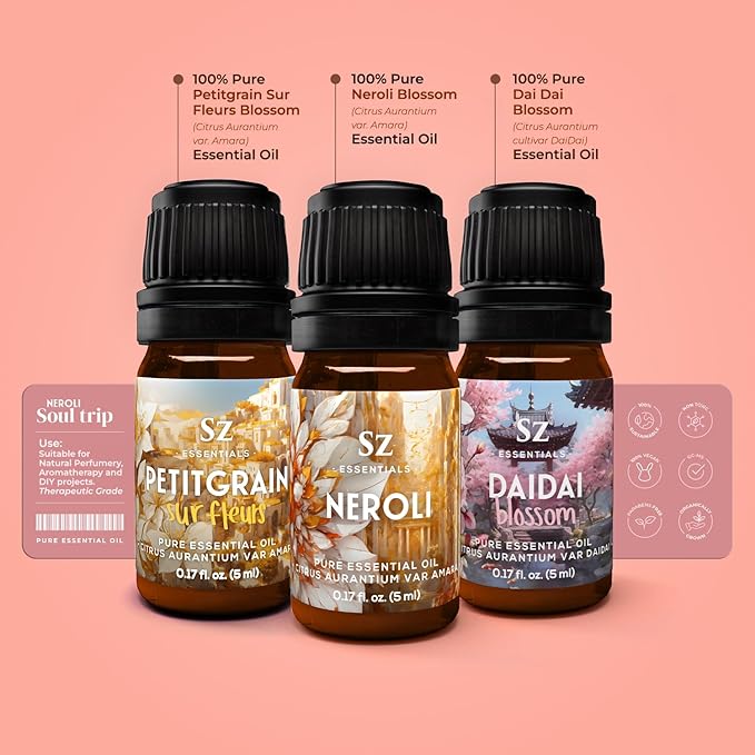 Neroli Soul Trip Essential Oils Collection- Neroli + Petitgrain Sur Fleurs + Dai Dai Blossom -Set of 3 Bottles (0.17 Fl Oz- 5ml each)- 100% Pure & Undiluted - Therapeutic Grade & Vegan-VivaGrace Women