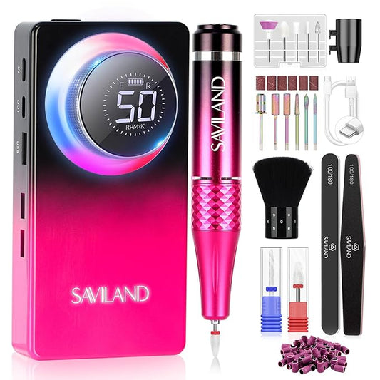 SAVILAND Electric Nail Drill 50000 RPM: Cordless Electric Nail File 10 H Battery Life Rechargeable Nail Drill Kit with Ceramic Drill Bits for Acrylic Nail Removal Ambient Light Black and Pink Ombre-VivaGrace Women