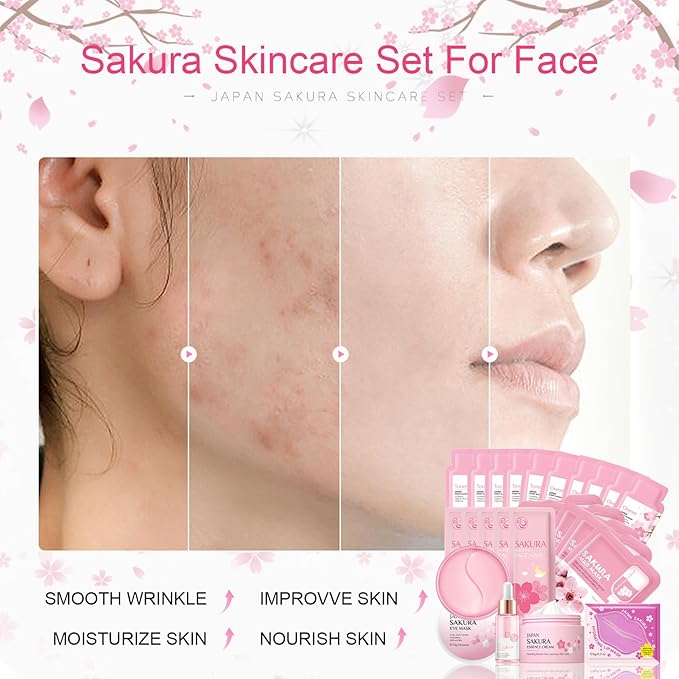 Skincare Set for Teenage Girls, Japan-Sakura Skin Care Products Set, Skin Care Sets & Kits, Cleanser, Toner, Serum, Cream, Sleep Mask,Eye Mask,Mud Mask,Lip Mask Beauty Products Daily Face Care 24PCS-VivaGrace Women