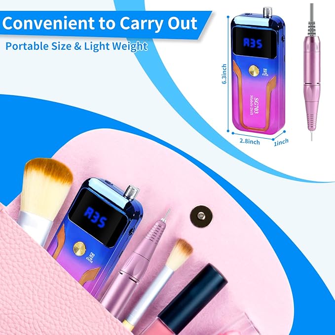 Portable Nail Drill Professional 35000 RPM, MOCOWIND Rechargeable Electric Nail File Machine for Acrylic Nails Gel Polishing Removing, Cordless E-File with Bits for Manicure Salon Home, Blue & Purple-VivaGrace Women
