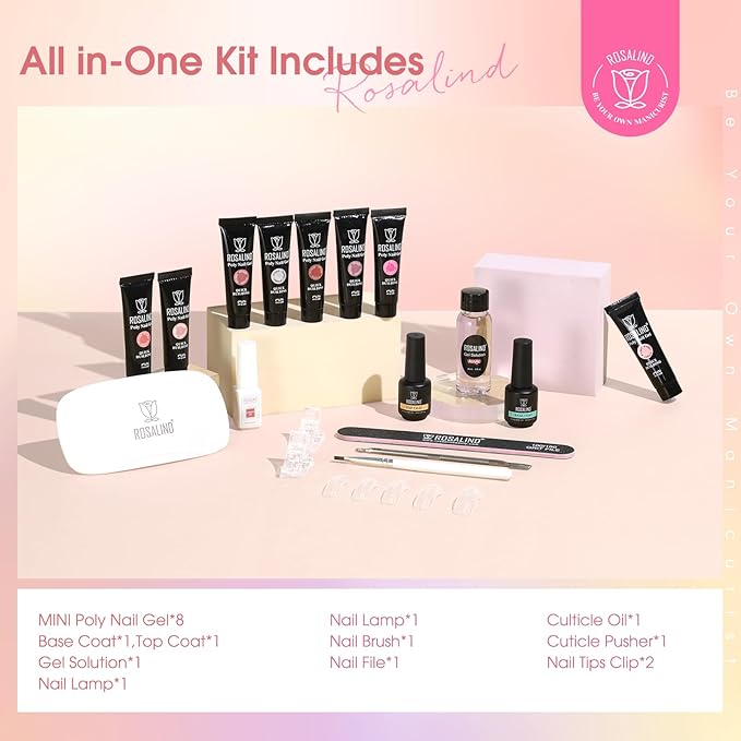 ROSALIND 8PCS Poly Nail Gel Kit with Mini Nail Lamp Clear Nude Purple Brown Poly Extension Gel Kit Mini Starter Kit-VivaGrace Women