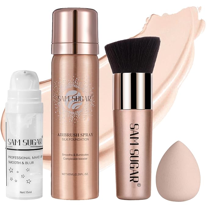 AirBrush Foundation Spray Set, Spray Foundation Makeup and Hydrating Face Primer Kit, Longwear Waterproof Liquid Matte Foundation Mist for Flawless Look, Brush and Sponge Include (#1 Ivory White)-VivaGrace Women