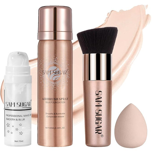 AirBrush Foundation Spray Set, Spray Foundation Makeup and Hydrating Face Primer Kit, Longwear Waterproof Liquid Matte Foundation Mist for Flawless Look, Brush and Sponge Include (#1 Ivory White)-VivaGrace Women