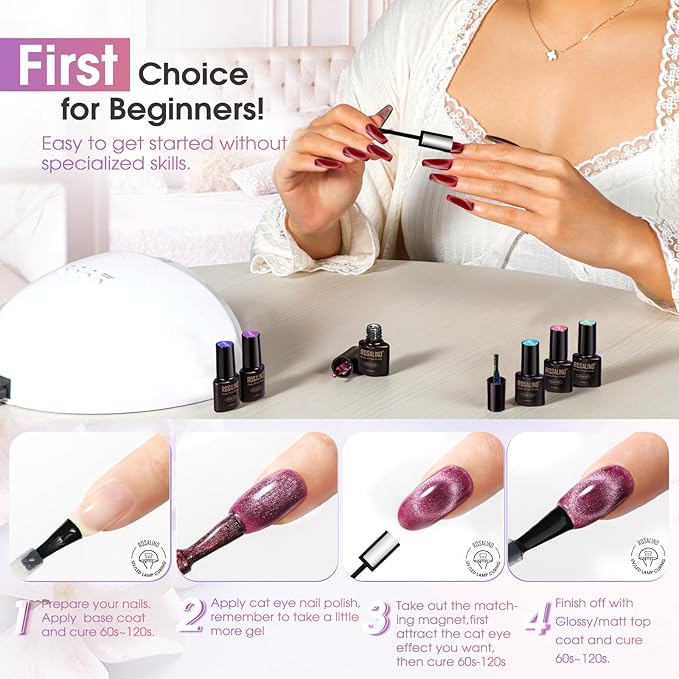 ROSALIND 8PCS Cat Eye Gel Polish with Magnet Stick - Magnetic Cat eye Gel Nail Polish Sparkle Diamond Effect Magic Magnetic Glitter Soak Off Led Nail Art DIY Salon Gifts For Women-VivaGrace Women