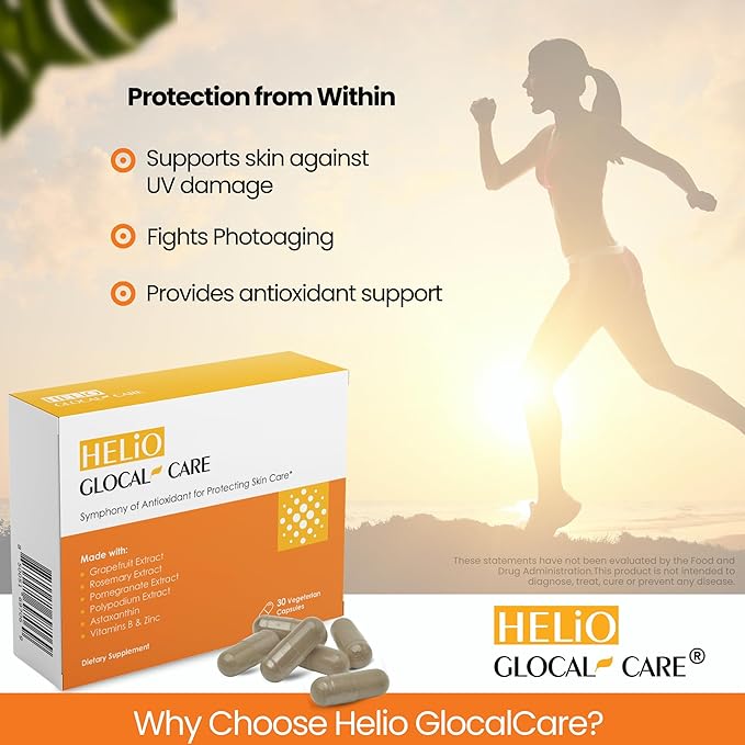 GlocalCare Helio – Antioxidant-Rich Sun Defense & Skin Rejuvenation Supplement with Polypodium, Nutroxsun, Astaxanthin & Pomegranate Extract - Fights Photoaging & Oxidative Stress - (30 Capsules)-VivaGrace Women