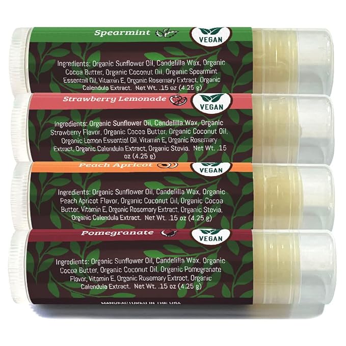 Vegan Lip Balm by Earth’s Daughter, Beeswax Free Lip Balm, Natural, Organic Flavors - 4 Pack of Assorted Flavors, Plant Based Vegan Chapstick, Lip Moisturizer-VivaGrace Women