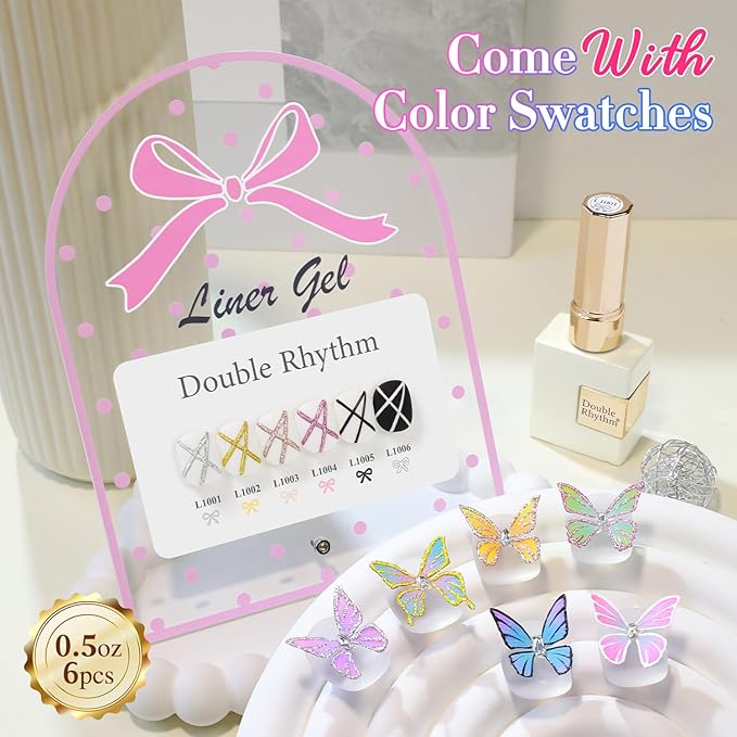 Double Rhythm 6 Pcs 15 ML Gel Liner Polish Nail Art Set Chrome Metallic Glitter Soak Off Gel Polish Kit Nail Art Manicure Salon DIY at Home for Women (Gold Silver Black White-T6-52)-VivaGrace Women