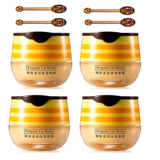 4 PCS Bee Lip Balm Honey Pot,Honey Lip Mask,Honey Propolis Lip Mask Moisturizing Moisture Nourishing Dry & Chapped Lips,Lip Care and Reduces Lip Lines,Lip Exfoliating-VivaGrace Women
