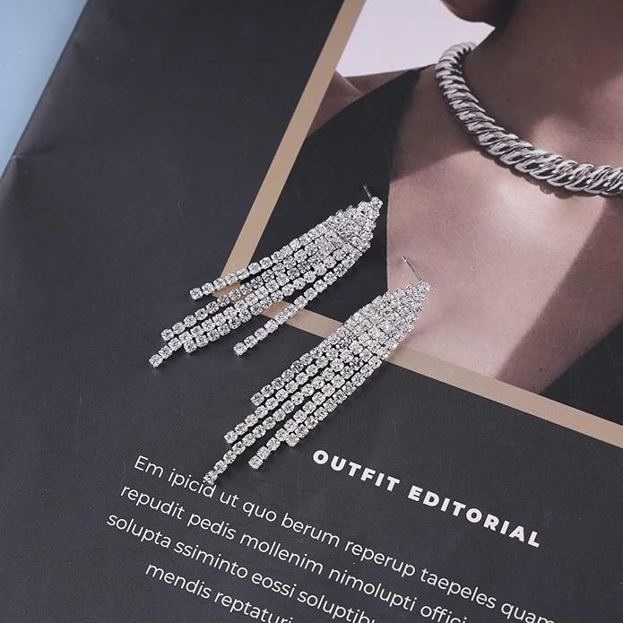 Vintage Rhinestone Chandelier Tassel Earrings Crystal Chain Drop Earrings Gold Long Tennis Chain Earrings Shine Chandelier Bridal Earrings Jewelry for Women-VivaGrace Women