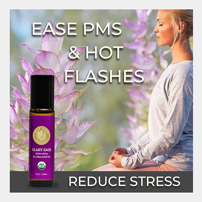 Silk Road Organic Clary Sage Essential Oil Roll On, 100% Pure USDA Certified Aromatherapy for PMS, Stress & Mental Clarity - 10 ml Roller - Always Pure, Always Organic-VivaGrace Women