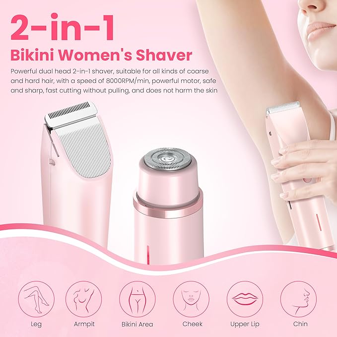 Bikini Trimmer for Women-2 in 1 Dual Head Electric Razors,USB Rechargeable Bikini Electric Shaver,IPX7 Waterproof Dry & Wet Use Body Hair Trimmer and Facial Hair Remover for Underarm Leg Body,Pink-VivaGrace Women