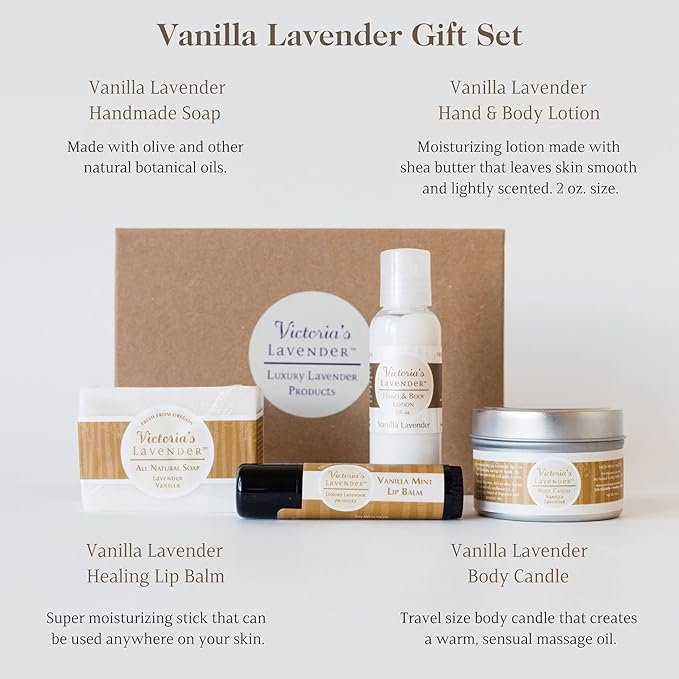 Victoria's Lavender Natural Body Products Gift Set - Handmade Soap, Hand & Body Lotion, Lip Balm, Body Candle Skin Care Sets & Kits, Lavender Bath and Body Products for Women, Vanilla Lavender-VivaGrace Women