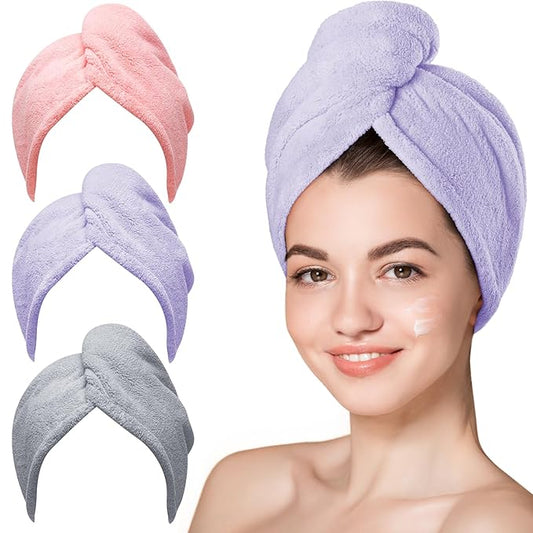Hicober Microfiber Hair Towel, 3 Packs Turbans for Wet Hair, Drying Wrap Towels Curly Women Anti Frizz (Pink,Purple,Grey)-VivaGrace Women