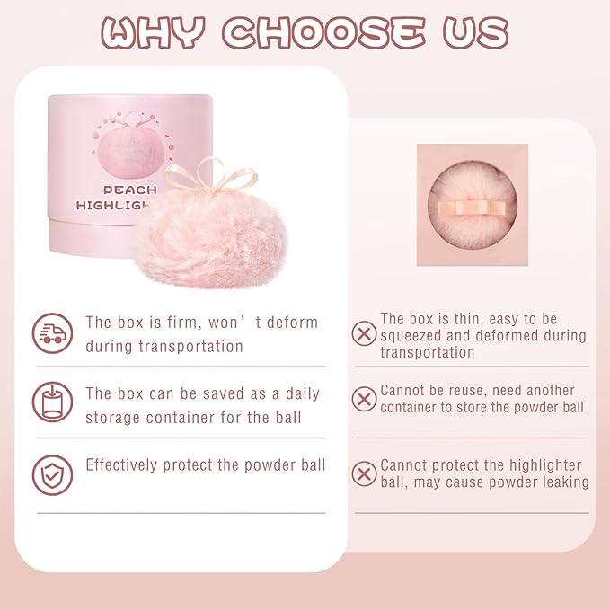 Highlighter Makeup Powder Plush Peach Ball Puff Glitter Shimmer Sparkle Loose Patting Powder for Body Face Hair Multi-Use High Gloss Shine Bright Illuminator Makeup Glossy Diamond Glow-VivaGrace Women